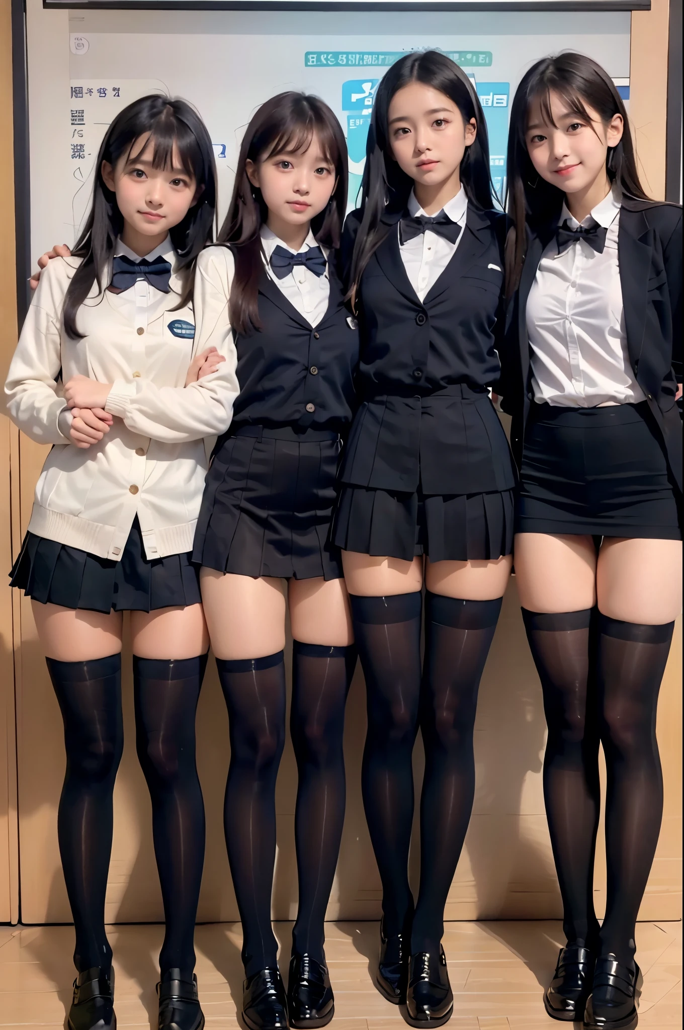 high-angle shot、classroom snap、 in a schoool, A tall, baby-faced gal woman wearing a short skirt and bow tie. ２There are people、(2 girls)、young girls, Phenomenally cute 、Japanese girl&#39;s green uniform、Wearing Japan 、Japanese school black uniform、Wearing a surreal high 、Girl in Uniform、Wearing a dark blue uniform、 Pose、full body Esbian、Nice skin、glistning skin、lovely thighs、long legged、wide thighhighicro Mini Skirt)、glowing thigh、(opaque black knee high socks)、(I always wear knee socks that go above the knee.)、I'm wearing leather shoes、High School in Japan 、Nogizaka Idol、korean idol、Invite you inside、Inviting eyes, cleavage, 