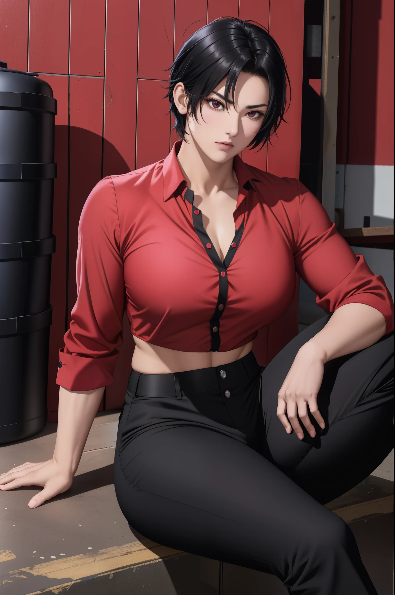 muscular man, defined body, developed body, kung fu fighter, red blouse with buttons, long black pants with black color, black belt around the waist, spiky hair, short hair of black color (Pink hair), sumo wrestler shoes, tired look, sitting on luggage in old warehouse, abandoned warehouse inside, medieval setting.