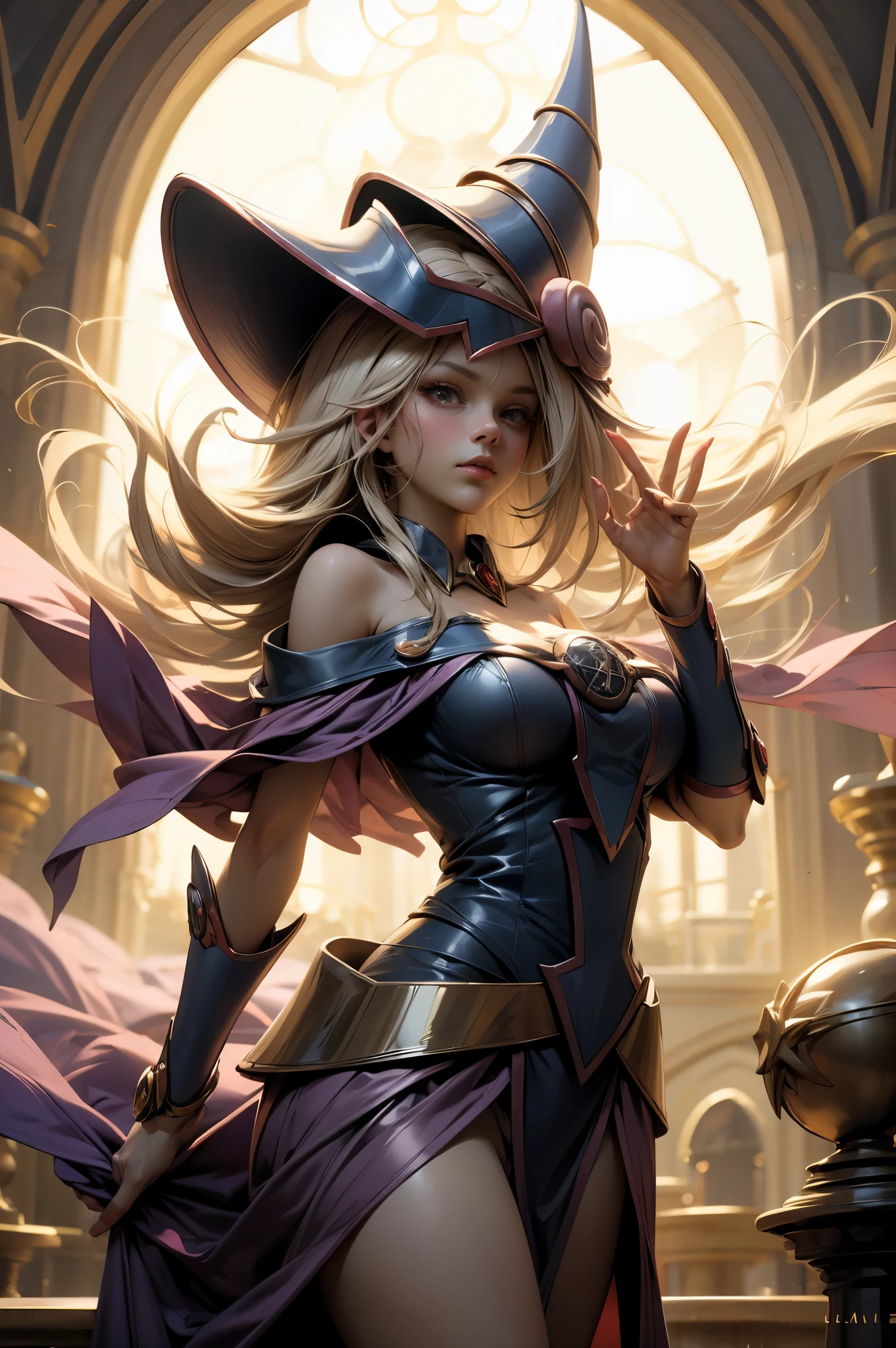 (masterpiece:1.2), (The best quality:1.2), perfect lighting, Dark Magician Girl casting a spell, floating in the air, big tits, neckline, magic background. Transparent hearts in the air, blue robe, big hat, from above, Sparkles, Yugioh Card in the background