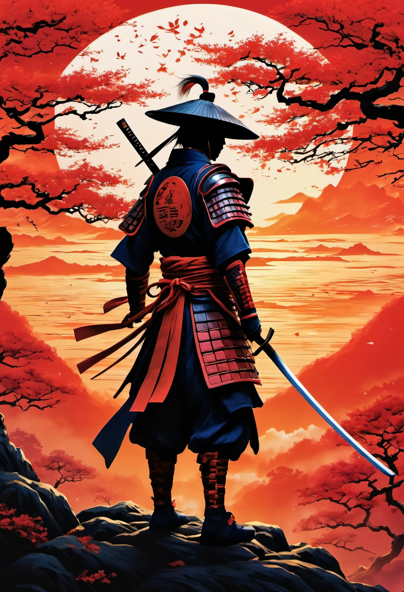 (obra de arte, Melhor qualidade:1.2), Magic samurai, samurai under the magical rising sun, Magic Costume, crise 3D, cores tradicionais japonesas, vista traseira,