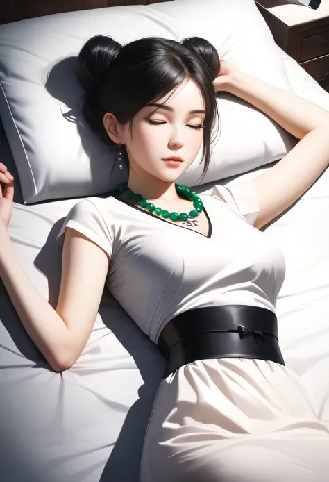 Beautiful Chinese woman, in a white long dress, with black hair in a bun with bangs and a headband, eyes closed lying on a bed, ...