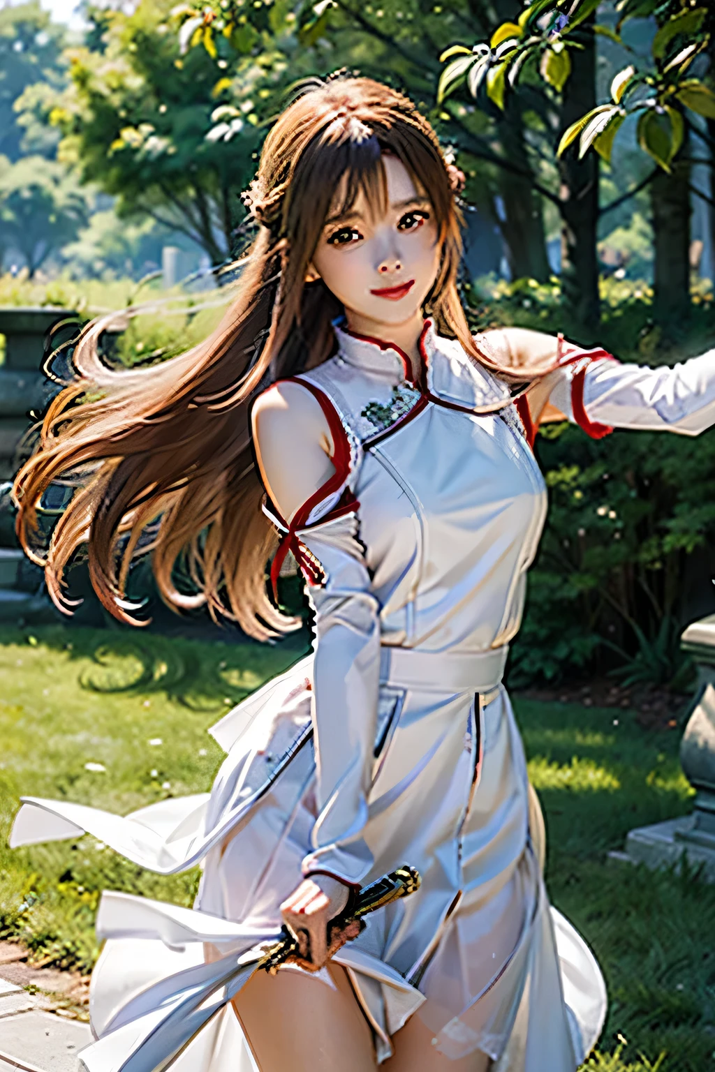 highest quality、masterpiece、delicate in every detail、real life.Asuna,light smile,sexy,sword, hold a weapon, white dress, armor, floating hair, red skirt, holding sword, outstretched arm, highest quality