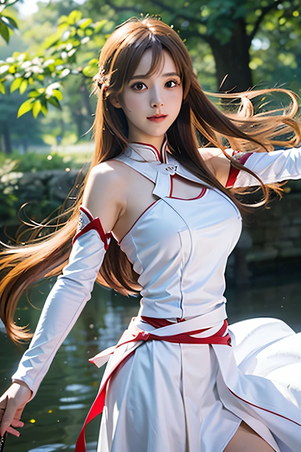 highest quality、masterpiece、delicate in every detail、real life.Asuna,light smile,sexy,big breasts、sword, hold a weapon, white dress, armor, floating hair, red skirt, holding sword, outstretched arm, highest quality