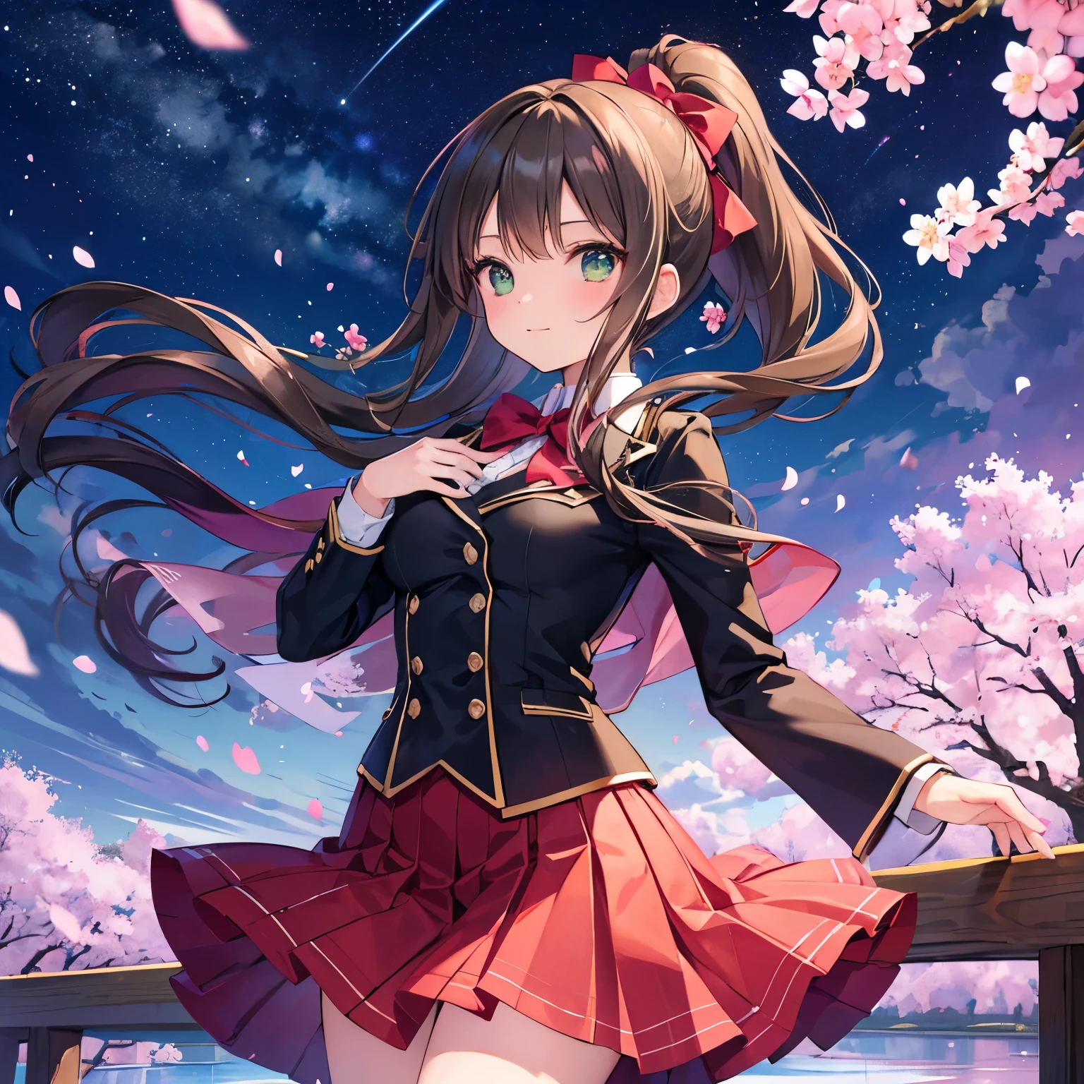 Cherry blossom petals flowing down the Sanzu River,A second year junior high school girl alone on the Sanzu River Bridge,The cherry blossoms dancing in the night sky are so beautiful,wearing a uniform,reach for the sky,A big ponytail dances in the wind,black hair（The tips of her hair are green）,green eyes,