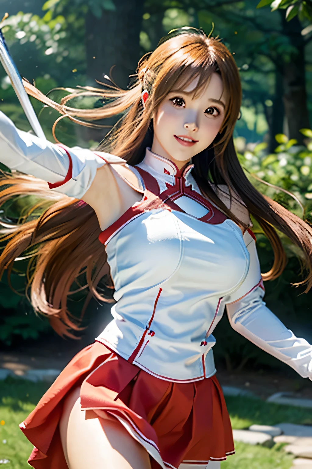 highest quality、masterpiece、delicate in every detail、real life.Asuna,light smile,sexy,big breasts、sword, hold a weapon, white dress, armor, floating hair, red skirt, holding sword, outstretched arm, highest quality