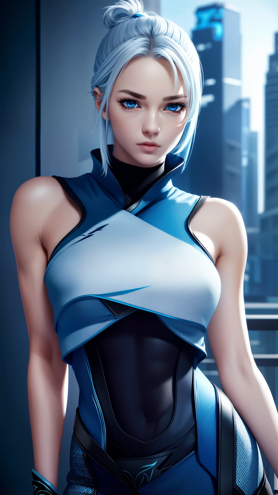 jett valorant, focused upper body, 1 girl, wearing blue ninja outfit, sparkling blue eyes, silver hair, highrise building background, nice perfect face with soft skin, intricate detail, 8k resolution, masterpiece, 8k resolution photorealistic masterpiece, professional photography, natural lighting, detailed texture,