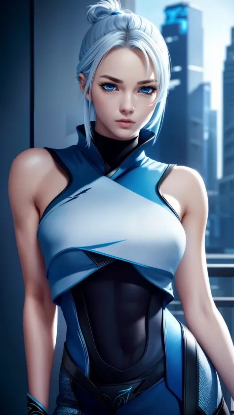 jett valorant, focused upper body, 1 girl, wearing blue ninja outfit, sparkling blue eyes, silver hair, highrise building backgr...