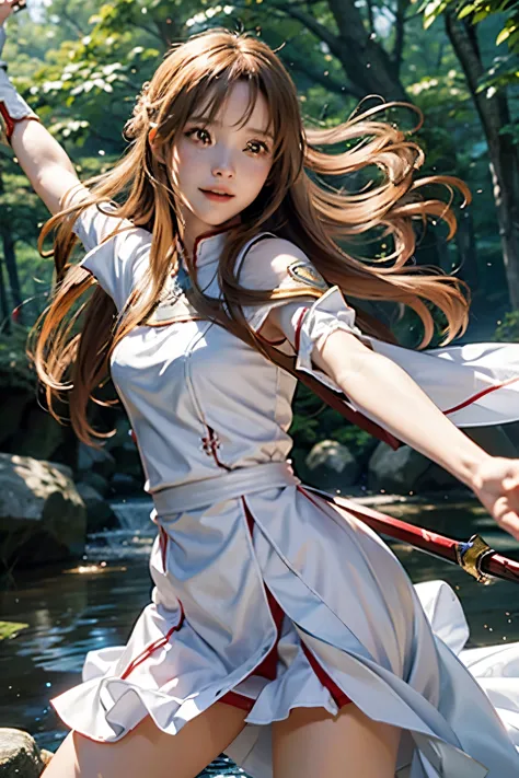 highest quality、masterpiece、delicate in every detail、8K.real life.Asuna,light smile,sexy,sword, hold a weapon, white dress, armo...