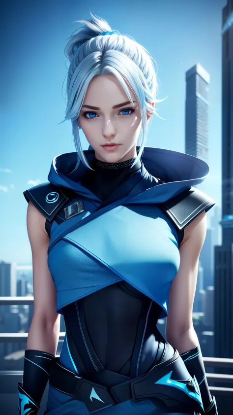 jett valorant, focused upper body, 1 girl, wearing blue ninja outfit, sparkling blue eyes, silver hair, highrise building backgr...