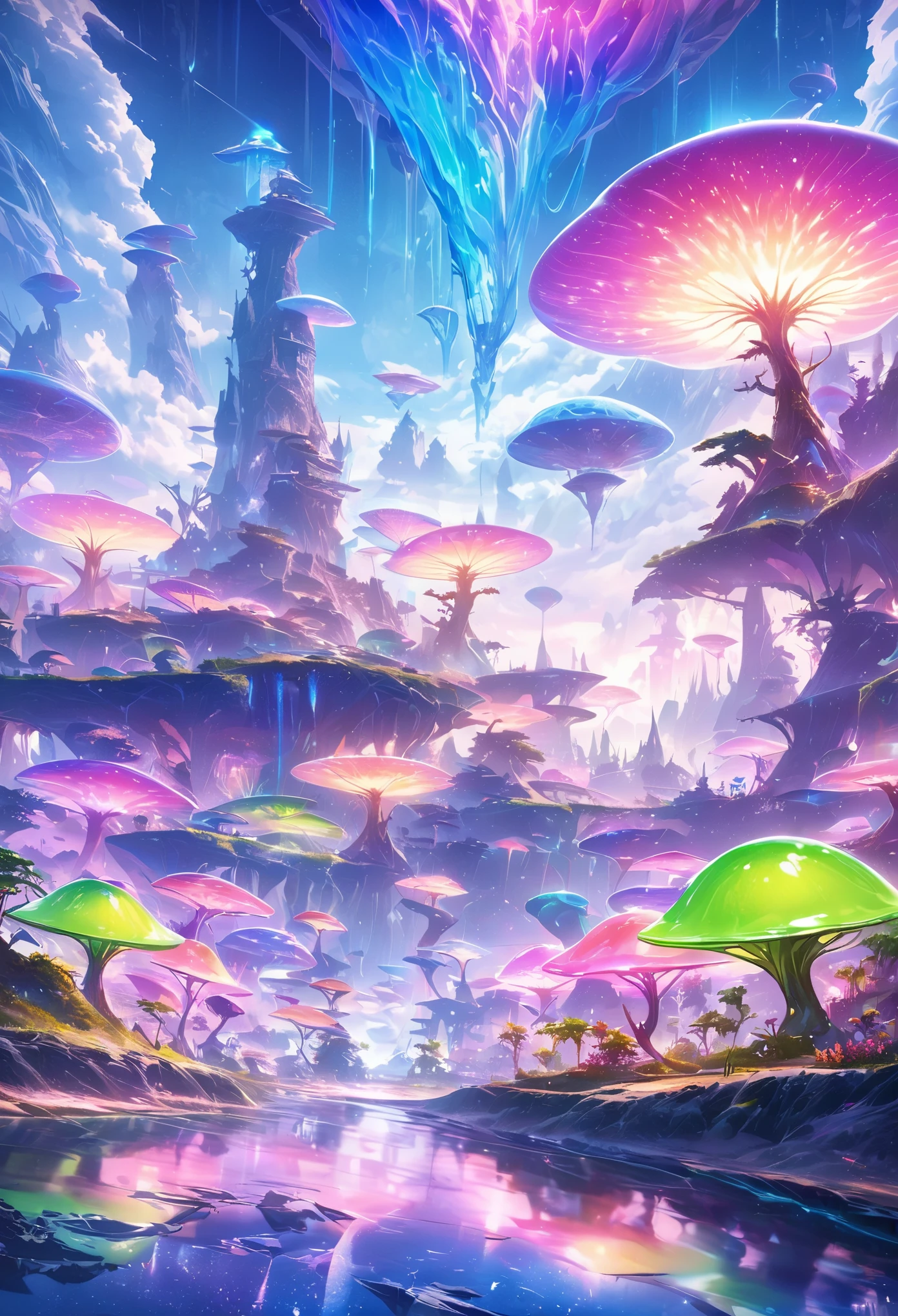 paysage extraterrestre, Esthétique, très détaillé, Rendu numérique, couleurs vives, ambiance surréaliste, Formations rocheuses imposantes, Plantes et arbres d&#39;un autre monde, une flore et une faune éclatantes, champignons bioluminescents, Rivière scintillante, faune extraterrestre, ciel éthéré, Plusieurs satellites en orbite, Île flottante, Mystérieuse source d&#39;énergie, ruines mystérieuses, symbole, énergie cosmique, réflexion magique, Brume fantastique, Civilisation extraterrestre, vue imprenable, des possibilités infinies