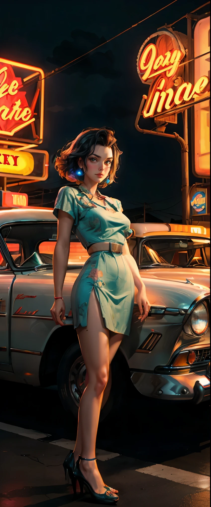 ((masterpiece, highest quality, Highest image quality, High resolution, photorealistic, Raw photo, 8K)), arafed view of a motel with a car parked in front of it, with neon signs, A woman waiting for a guest in front of a motel, seduction, short dress and high heels, route 6 6, neon signs, 1 9 5 0 s americana tourism, some have neon signs, neon lights outside, neon advertisements, gigantic neon signs, neon shops, by Arnie Swekel, few neon signs, neon signs in background,