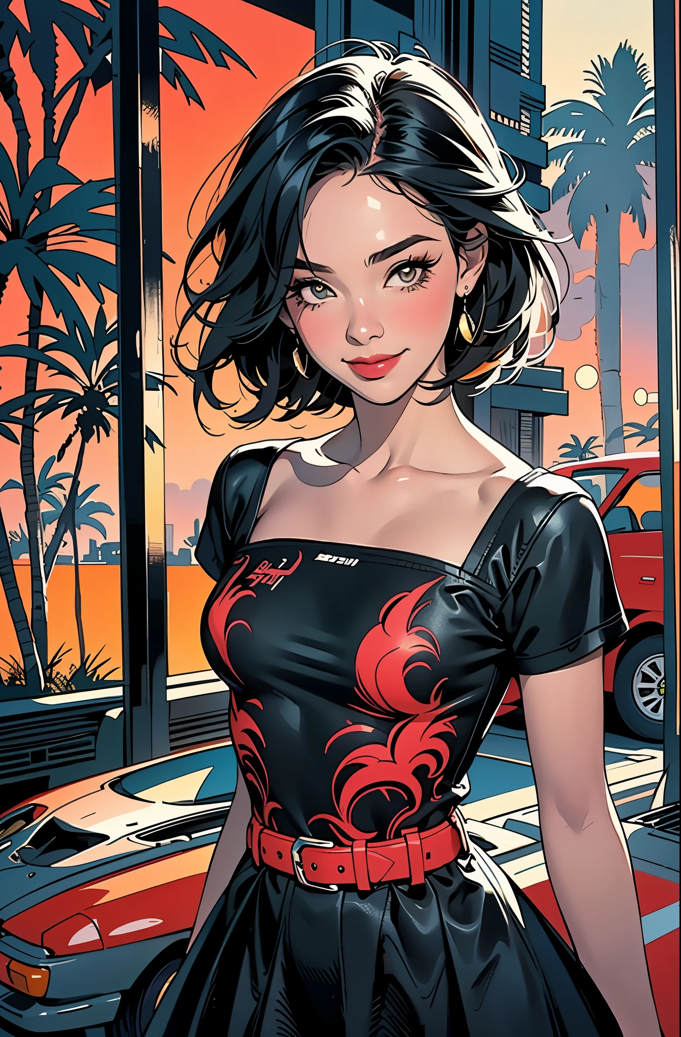 retro girl, smiling, Miami, sunset, Ferrari, palm tree, 90's, (flat colors, flat texture, lineart:1.2), graphical design, (heavy ink, ink blacks),