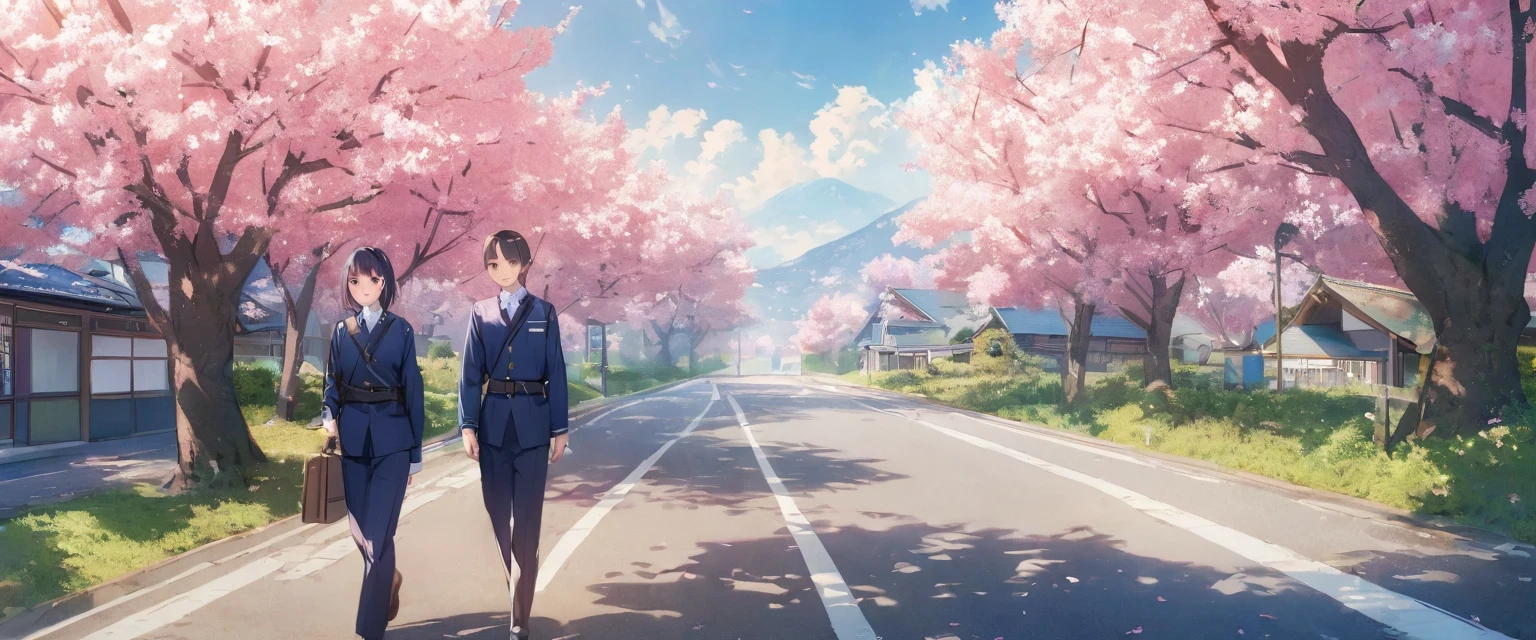 diy18，The image captures a serene morning scene in a rural Japanese town. Students, dressed in uniforms, are seen walking towards the train station on a road lined with cherry blossom trees, which are in full bloom. The trees, with their delicate pink and white blossoms, are a beautiful contrast to the blue sky above. The perspective of the photo is from above, giving a bird's eye view of the scene below.
