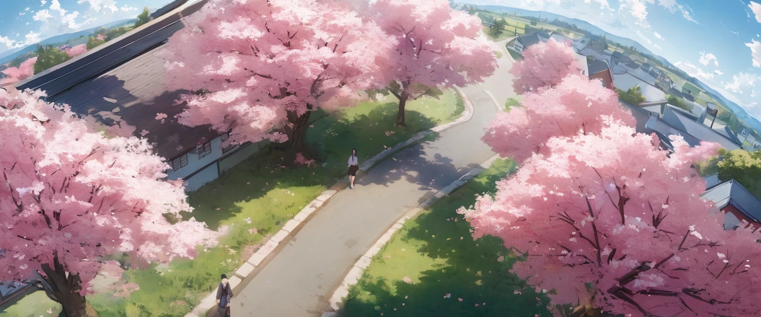 diy18，The image captures a serene morning scene in a rural Japanese town. Students, dressed in uniforms, are seen walking towards the train station on a road lined with cherry blossom trees, which are in full bloom. The trees, with their delicate pink and white blossoms, are a beautiful contrast to the blue sky above. The perspective of the photo is from above, giving a bird's eye view of the scene below.

