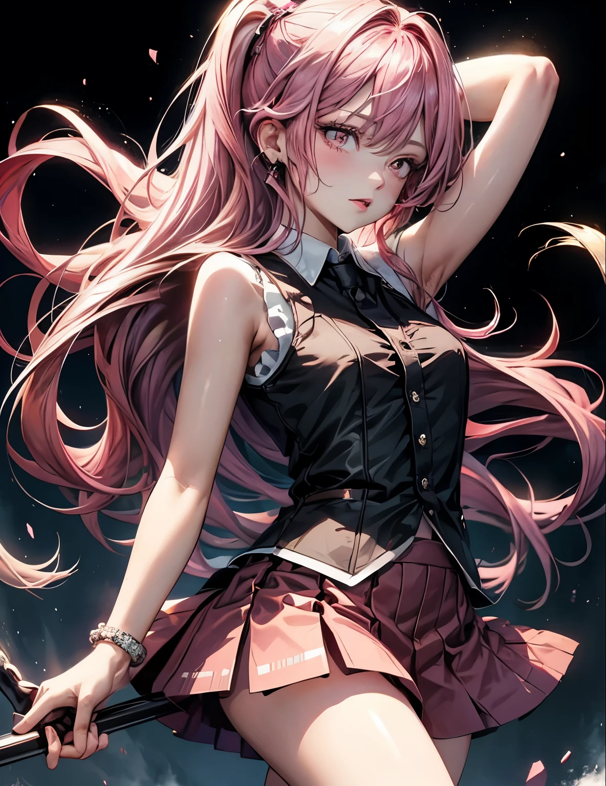 1girl, (masterpiece, best quality:1.2), 1girl, solo,standing_split, 
Yuuki Mikan, long hair，black sleeveless short vest，pink skirt，black