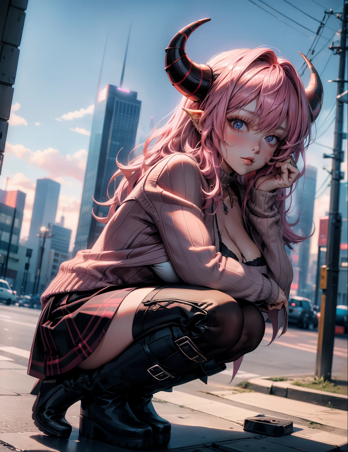 1girl, pink hair, trendy hairstyle, horns, hd quality, 4k, 8k, knitted cardigan, boots, fluffy hat, , kawaii, stepped on pov, below boot pov, huge breasts, cityscape, crouched, demoness