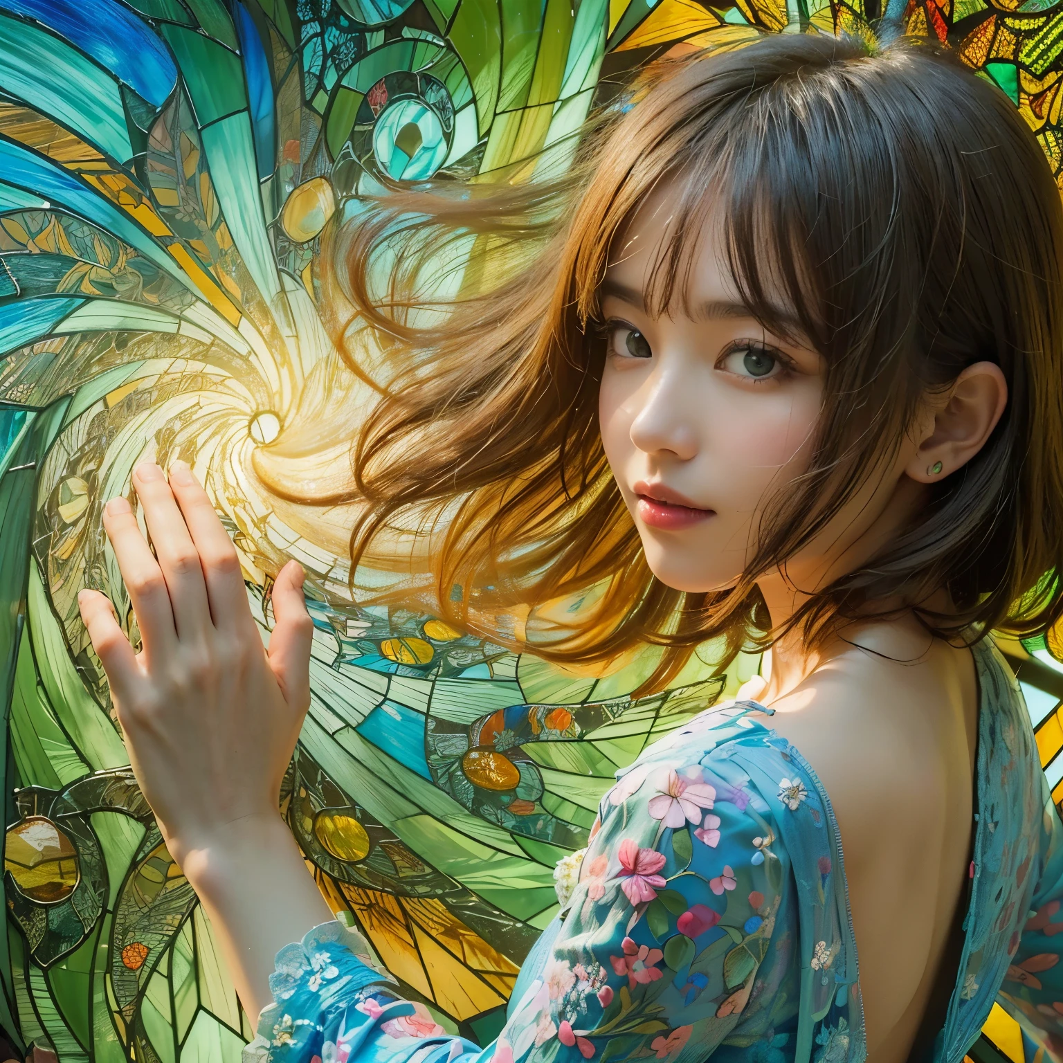 (masterpiece, best quality, 8k, RAW photo:1.2), beautiful Japanese girl, Japanese actress, detailed face, detailed blue eyes, (detailed skin:1.2), wavy hair, light brown hair, medium hair, smile, small breasts, cleavage, (evening dress with floral patterns:1.5), (image of a girl standing in front of a vibrant and intricate stained glass background filled with swirling patterns and glowing embellishments:1.3), (touching a stained glass:1.2), (the glass to ripple:1.2), (looking back at viewer:1.2), (close-up face:1.3), dynamic angle, grow