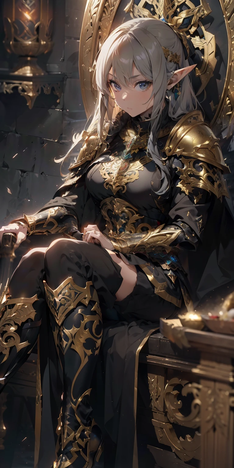 (masterpiece), beautiful anime elf sitting looking at the viewer (((top view))) in ornate black & golden celtic highly detailed armor & hero cape, Textured, Aesthetic, Elegant Perfectionism, 8k, (((in Final Fantasy aesthetic style))), (body focus), standing, 4k, UHD, best quality, perfect face, glowing