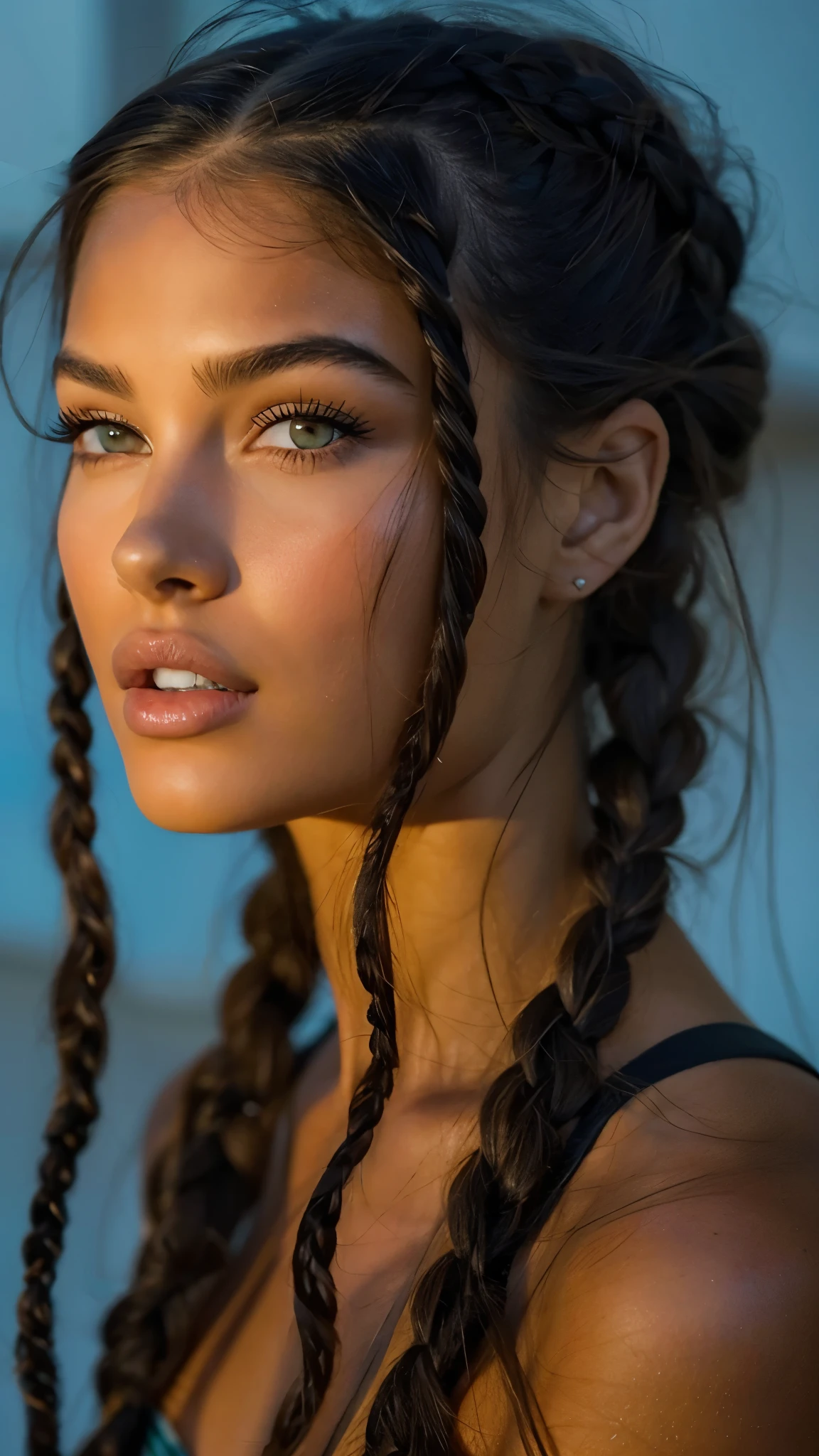 un primer plano de una mujer con cabello largo y trenzas, woman with braided brown hair, hermosa cara, extremely hermoso rostro, chica con trenzas, hermosa cara atractiva, peinado de coletas, backlit hermoso rostro, Retrato de Sophie Mudd, hermosa cara portrait, ultra hermoso rostro, cara impresionante, very hermoso rostro, attractive hermoso rostro, hermoso rostro, trenzas de coleta