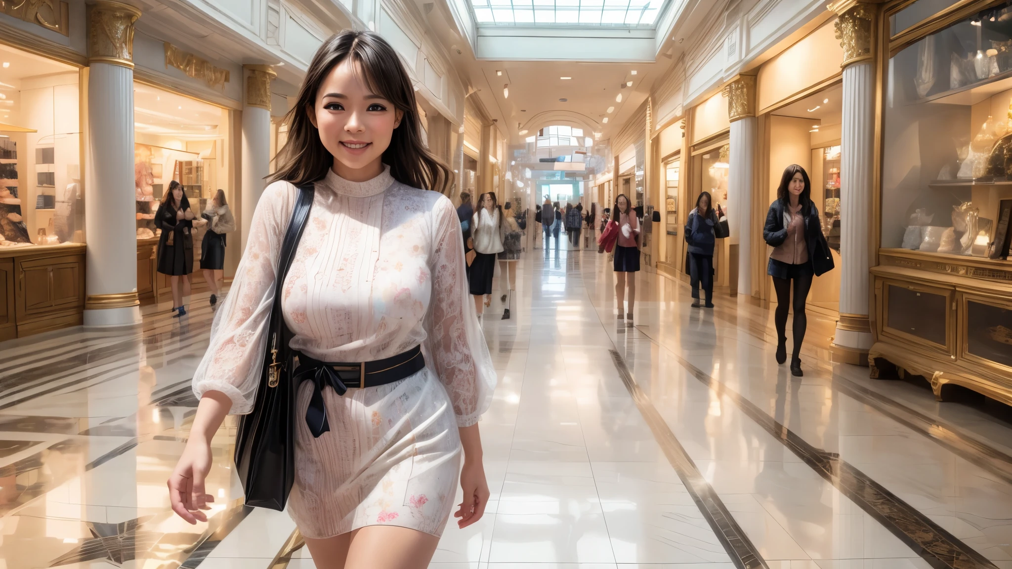 (best quality,4k,8k,highres,masterpiece:1.2),ultra-detailed, College Girl shopping in a mall, strutting her stuff, Smiling and laughing, Flirting with the viewer, HDR, 8k, absurdres, cinestill 800, sharp focus, add_detail:3 (solo woman) shibuyakaho