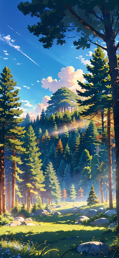 (best quality:1.2),ultra-detailed,realistic,landscape,forest,tall pine trees,green grass,gentle breeze,scattered sunlight,blue sky,clear day,fluffy clouds,serene atmosphere,vivid colors,immersive scene