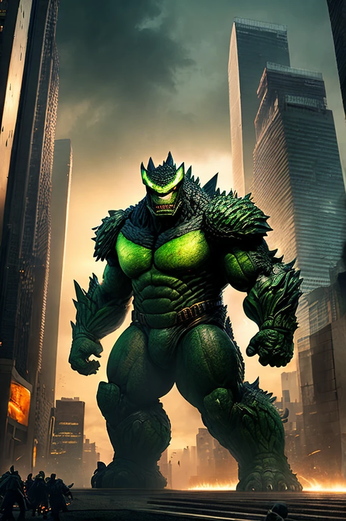 (Full focus:1.5), (full body:1.5), (Dark green giant Godzilla, destroying the city with buildings:1.5, fantasy, dynamic pose:1.3 cinematic lighting, glow, framed, character chart, reference sheet, HD ,masterpiece,Textured skin,Super detail,high details,Textured skin,high details,high quality,Awarded,Best quality,high resolution,32k