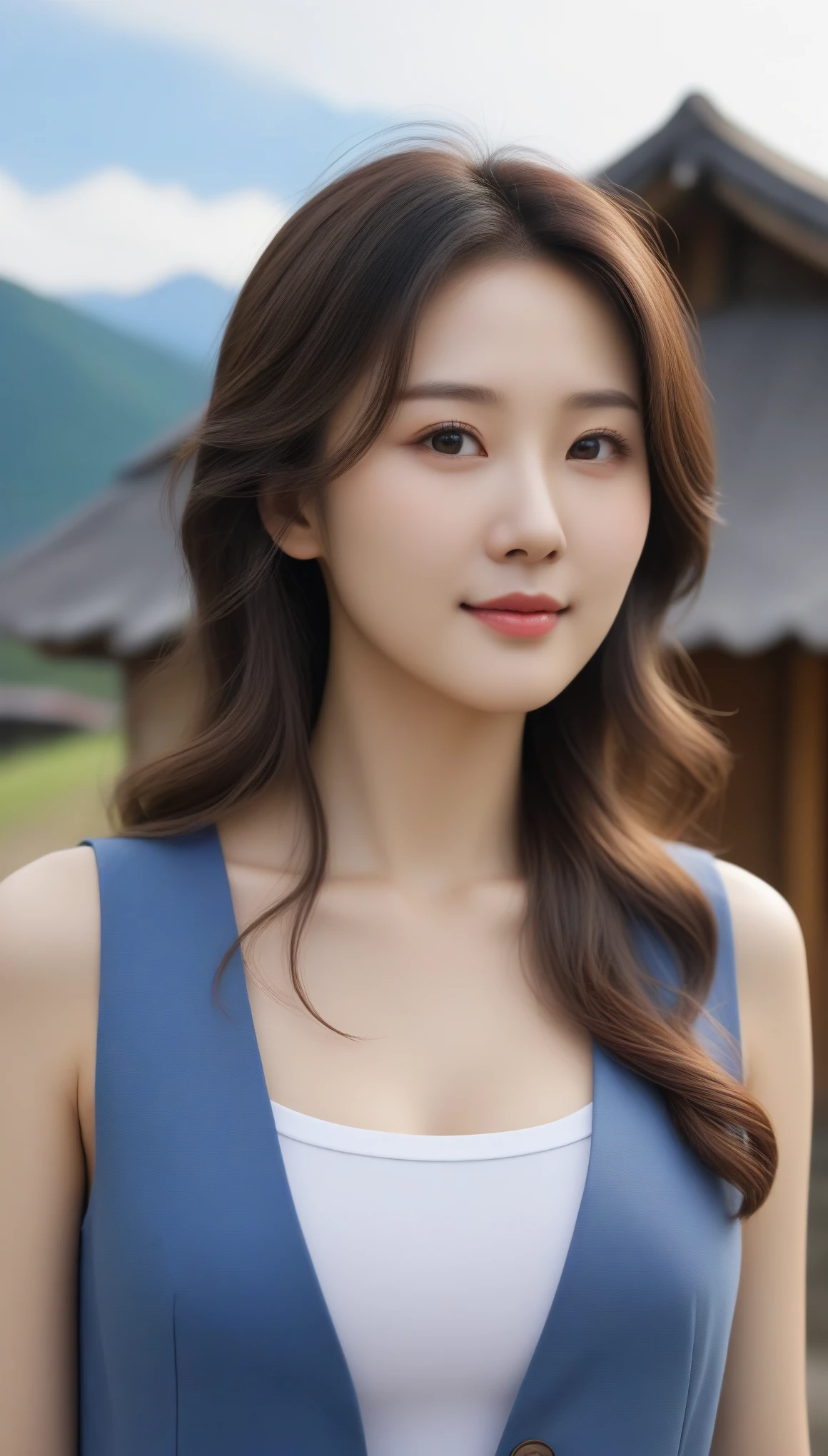 美しい韓国人女性のクローズアップショット, 34インチの胸のサイズ, ウェーブのかかった髪, 微笑む, 見る側, ベストを着用, 山小屋の前で, 超高解像度