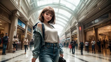 (best quality,4k,8k,highres,masterpiece:1.2),ultra-detailed, college girl shopping in a mall, strutting her stuff, smiling and l...