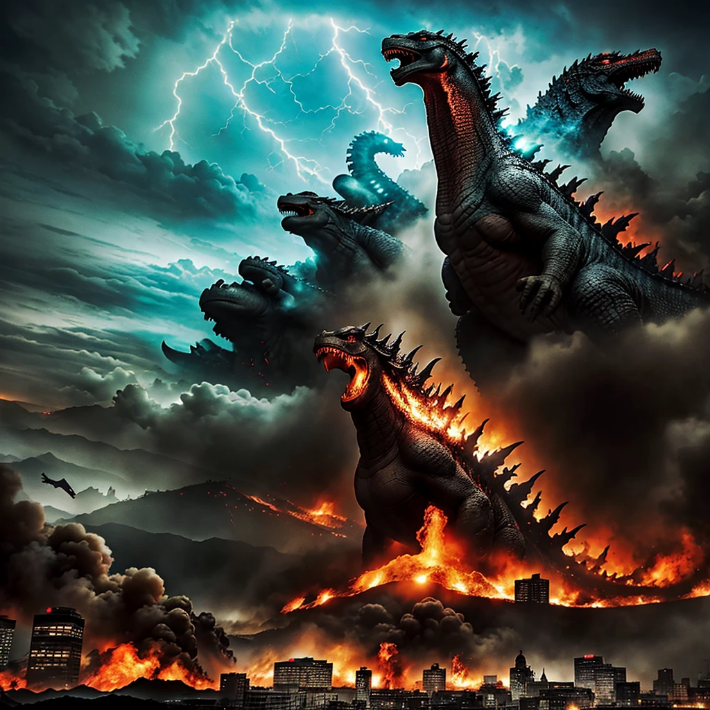 Godzilla,melhor qualidade,Ultra-detalhado,filme de monstro,destruição,rugindo,agitação na cidade,réptil gigante,caos,destruindo edifícios,furioso pelas ruas,cenas dramáticas,Espetáculo de tirar o fôlego,Batalha épica,luzes brilhantes,explosões,cauda enorme,paisagem urbana distorcida,humanos medrosos,multidão assustada,detritos voadores,destruição everywhere,cena apocalíptica,nuvens escuras,Trovão e relâmpago,cuspidor de fogo,pegadas gigantescas,passos do monstro,tremor de terra,Poder imenso,presença aterrorizante,cores vivas,iluminação dramática,cidade em ruínas,caos,força imparável,utter caos