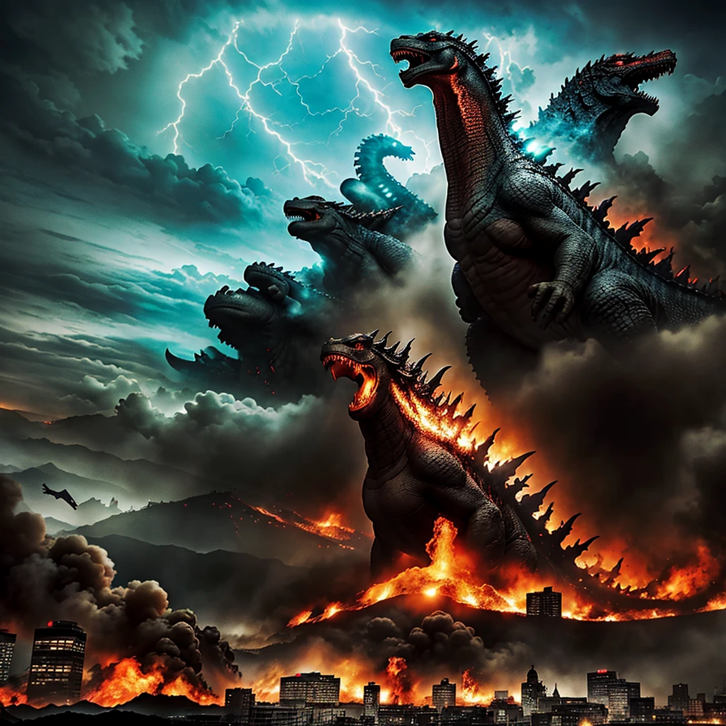 Godzilla - Die wunderbare Welt der Götter,beste Qualität,ultra-detailliert,monster movie,Zerstörung,brüllend,Stadtrandalieren,riesiges Reptil,chaos,Gebäude zerstören,tobend durch die Straßen,dramatische Szenen,atemberaubendes Spektakel,epische Schlacht,Helle Lichter,Explosionen,massiver Schwanz,verzerrtes Stadtbild,ängstliche Menschen,verängstigte Menge,Fliegende Trümmer,Zerstörung everywhere,apokalyptische Szene,dunkle Wolken,Donner und Blitz,Feuerspucken,gigantische Fußabdrücke,Schritte des Monsters,weltbewegend,immense power,erschreckende Präsenz,lebendige Farben,dramatische Beleuchtung,Stadt in Trümmern,Chaos,unaufhaltbare Kraft,utter chaos