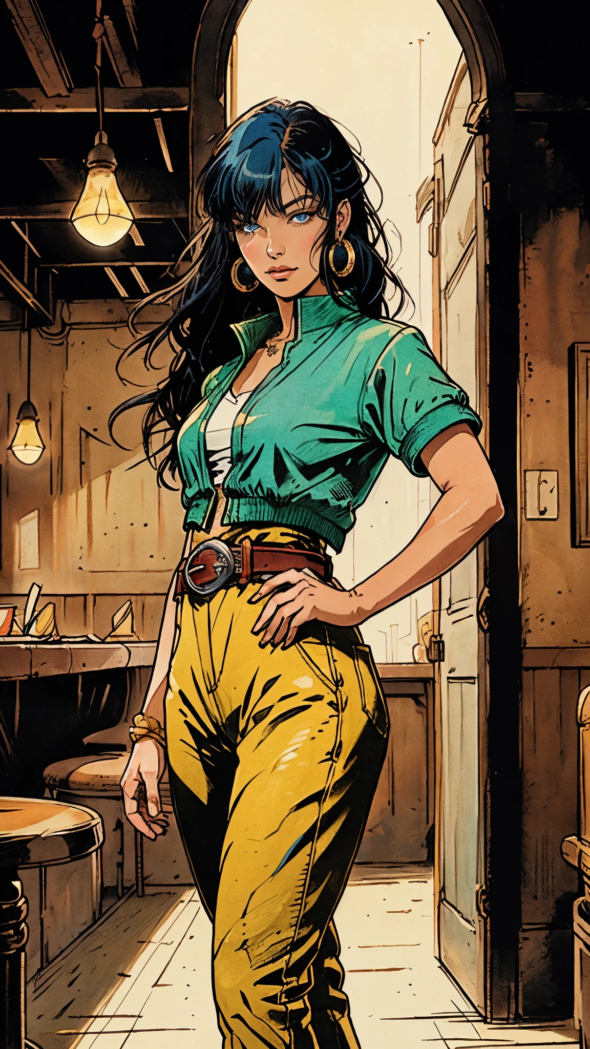 ((A young woman with flowing long dark blue hair, long side part bangs covering the right side of her face, sharp upward-arched thick eyebrows, large expressive eyes, a delicate oval face, a sensual wide mouth, a mocking expression, a fantasy martial arts-style emerald green short jacket with a blue undershirt, a high collar, rolled-up sleeves, matching fabric pants, a yellow waist belt, leather combat boots, one hand rests on her hip, surrounded by a cyan energy aura, standing in a fantasy style Chinese tavern)), this character embodies a finely crafted a fantasy martial arts heroine in anime style, exquisite and mature manga art style, pale skin, high definition, best quality, highres, ultra-detailed, ultra-fine painting, extremely delicate, professional, anatomically correct, symmetrical face, extremely detailed eyes and face, high quality eyes, creativity, RAW photo, UHD, 32k, Natural light, cinematic lighting, masterpiece-anatomy-perfect, masterpiece:1.5
