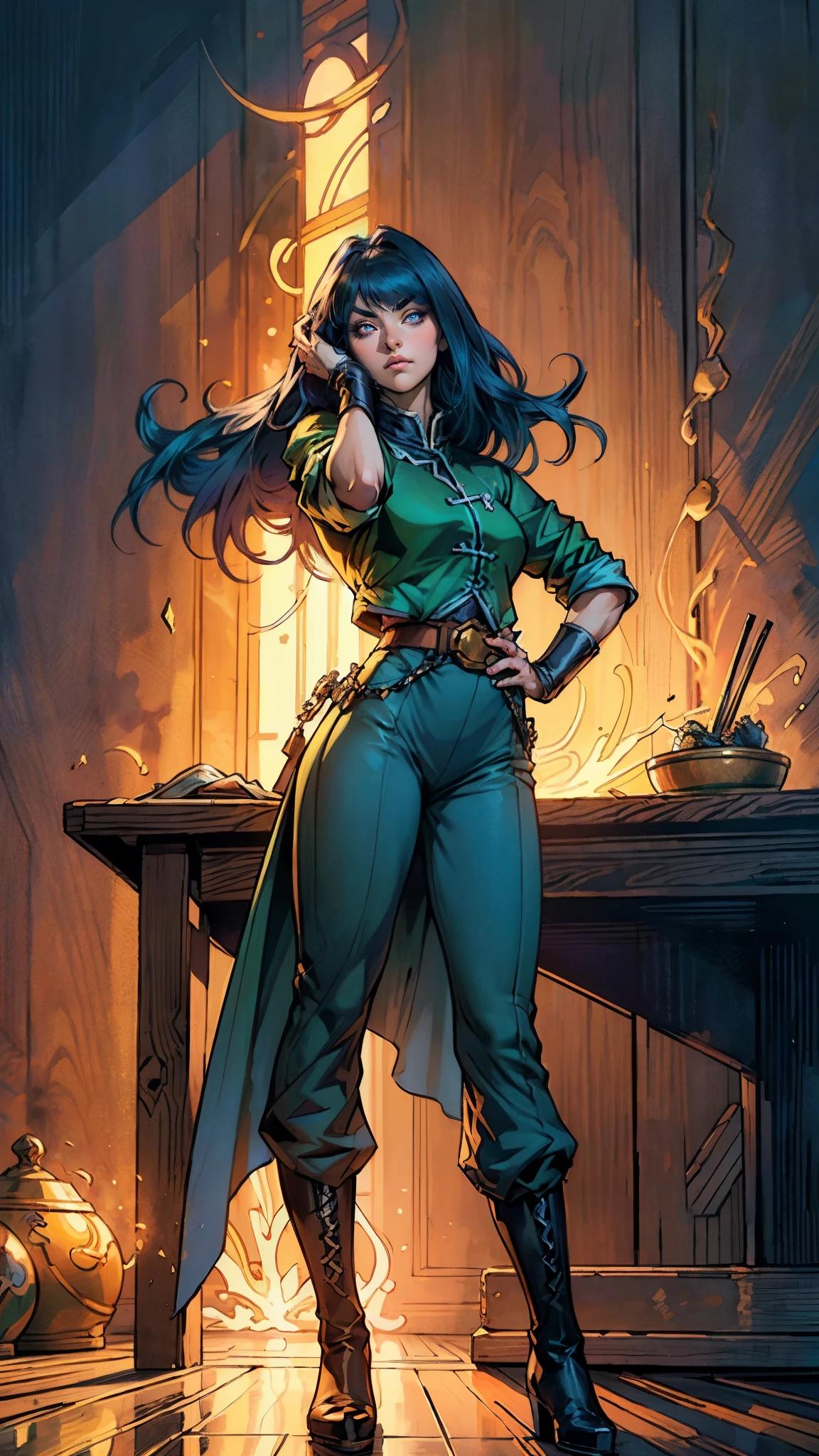 ((A young woman with flowing long dark blue hair, long side part bangs covering the right side of her face, sharp upward-arched thick eyebrows, large expressive eyes, a delicate oval face, a sensual wide mouth, a mocking expression, a fantasy martial arts-style emerald green short jacket with a blue undershirt, a high collar, rolled-up sleeves, matching fabric pants, a yellow waist belt, leather combat boots, one hand rests on her hip, surrounded by a cyan energy aura, standing in a fantasy style Chinese tavern)), this character embodies a finely crafted a fantasy martial arts heroine in anime style, exquisite and mature manga art style, pale skin, high definition, best quality, highres, ultra-detailed, ultra-fine painting, extremely delicate, professional, anatomically correct, symmetrical face, extremely detailed eyes and face, high quality eyes, creativity, RAW photo, UHD, 32k, Natural light, cinematic lighting, masterpiece-anatomy-perfect, masterpiece:1.5
