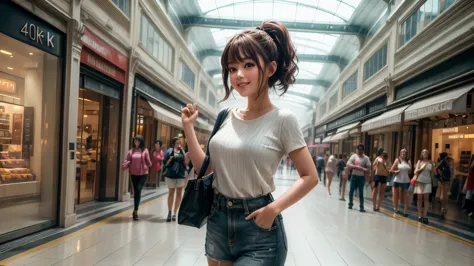 (best quality,4k,8k,highres,masterpiece:1.2),ultra-detailed, college girl shopping in a mall, strutting her stuff, smiling and l...