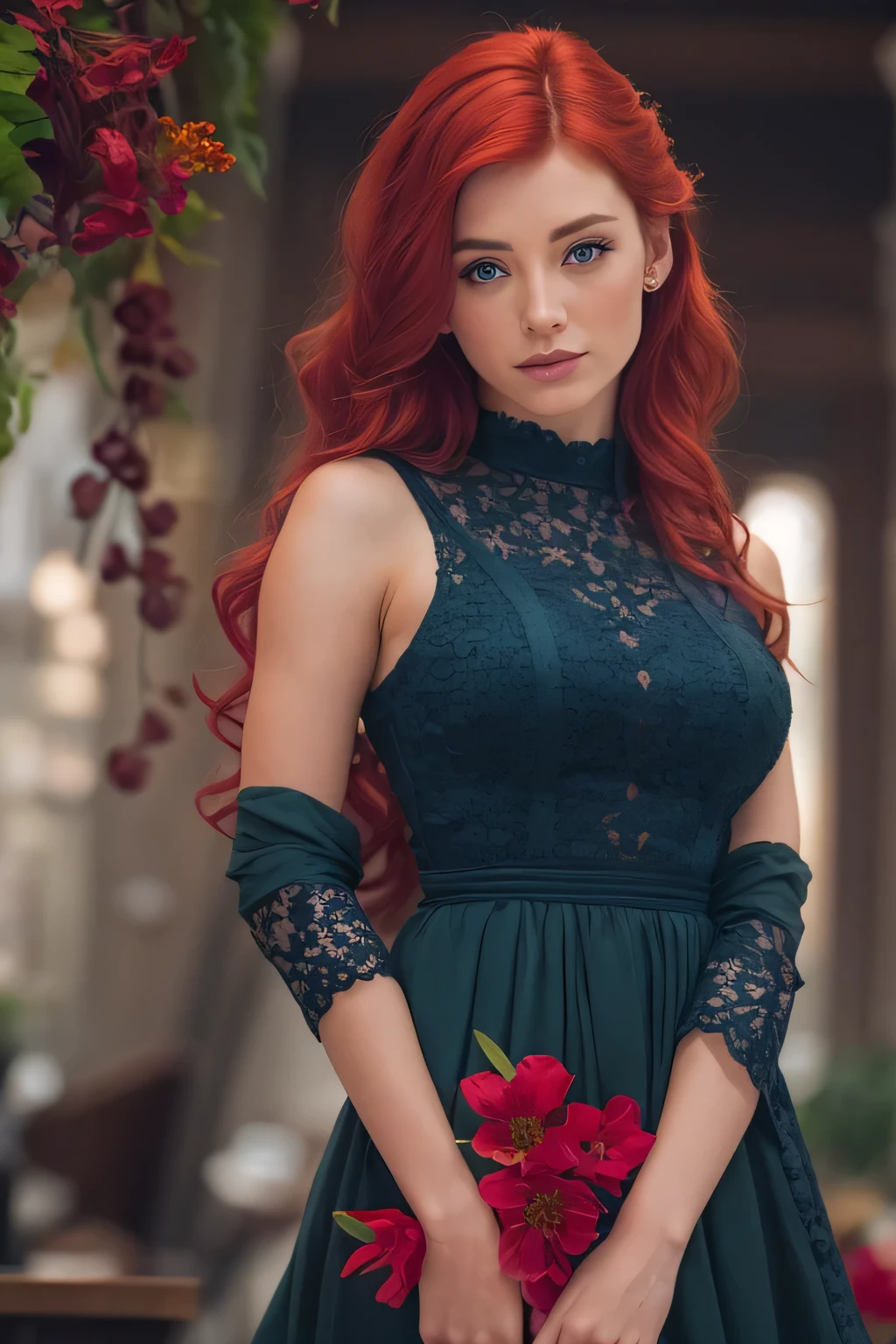 A woman with red hair and a green dress holding a bouquet - SeaArt AI