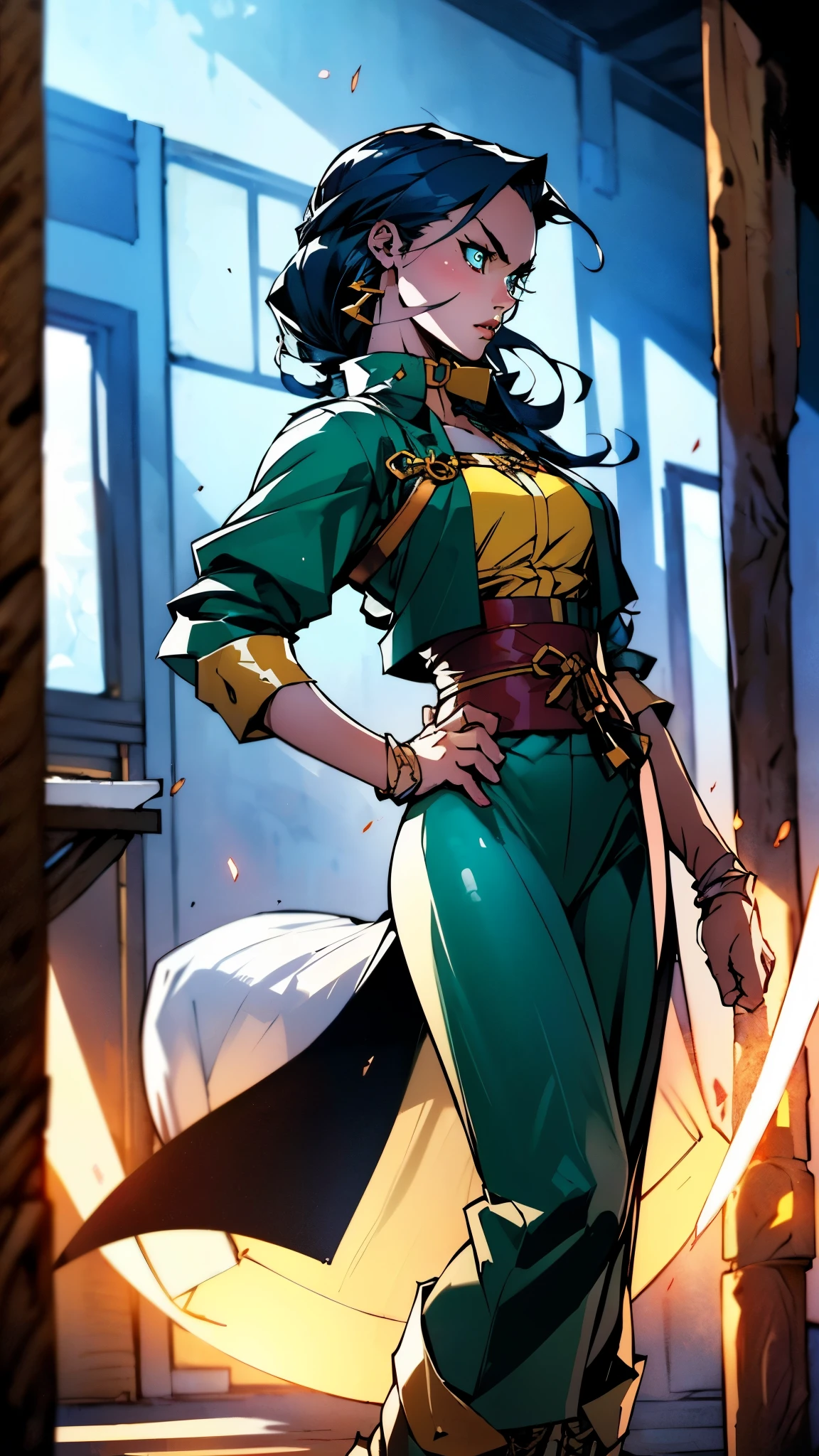 ((A young woman with flowing long dark blue hair, long side part bangs covering the right side of her face, sharp upward-arched thick eyebrows, large expressive eyes, a delicate oval face, a sensual wide mouth, a mocking expression, a fantasy martial arts-style emerald green short jacket with a blue undershirt, a high collar, rolled-up sleeves, matching fabric pants, a yellow waist belt, leather combat boots, one hand rests on her hip, surrounded by a cyan energy aura, standing in a fantasy style Chinese tavern)), this character embodies a finely crafted a fantasy martial arts heroine in anime style, exquisite and mature manga art style, pale skin, high definition, best quality, highres, ultra-detailed, ultra-fine painting, extremely delicate, professional, anatomically correct, symmetrical face, extremely detailed eyes and face, high quality eyes, creativity, RAW photo, UHD, 32k, Natural light, cinematic lighting, masterpiece-anatomy-perfect, masterpiece:1.5
