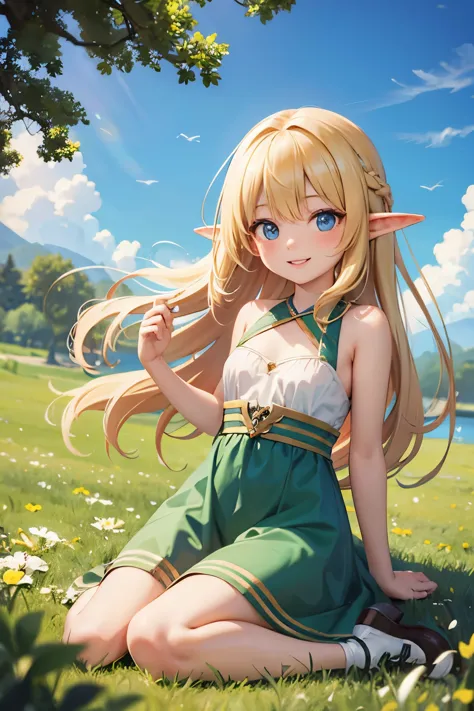 high resolution　beautiful skin　detailed picture　pretty girl　small breasts　blonde　elf　smile　young grass dress　middle ages