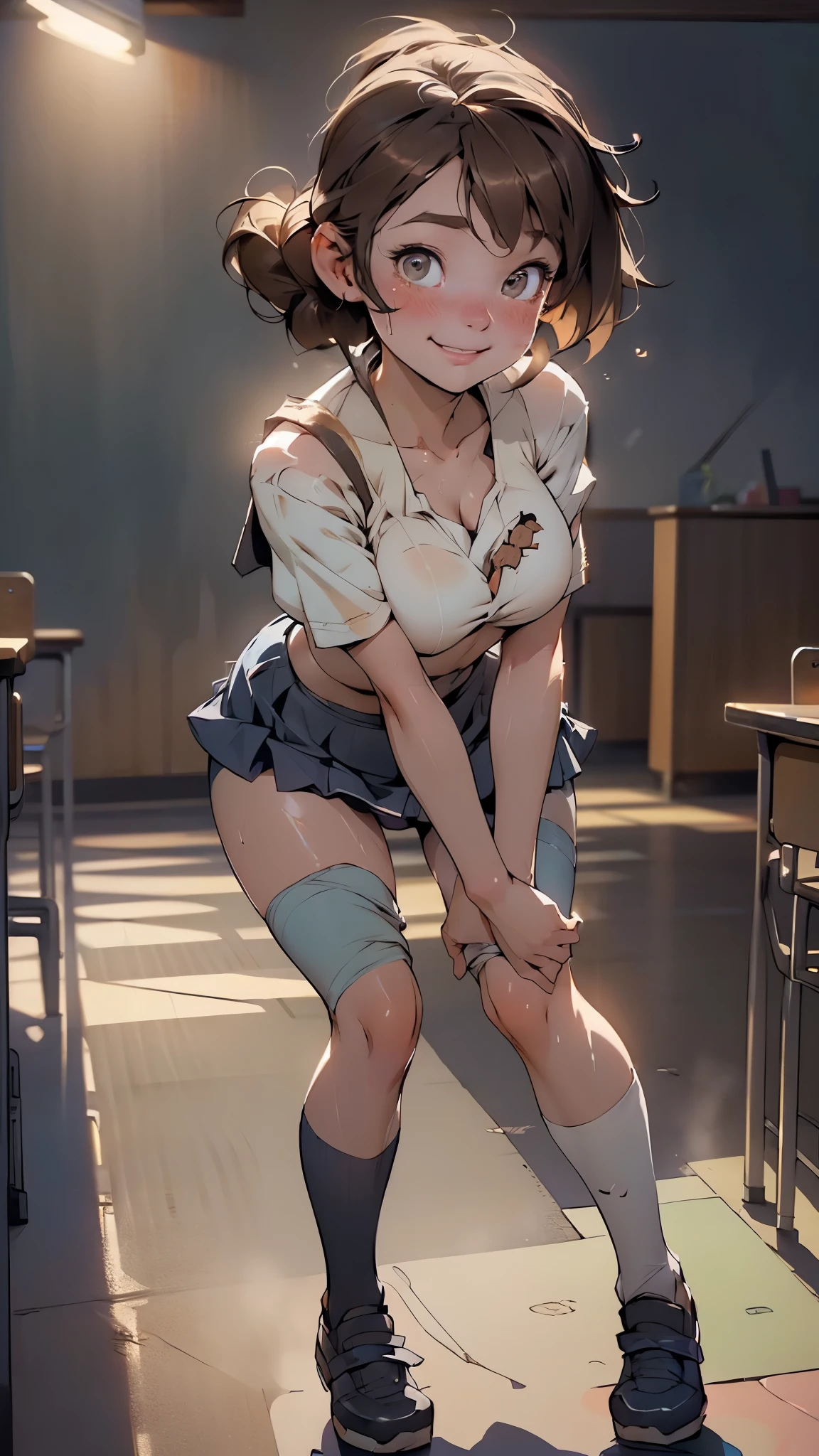 Anime girl in school uniform bending over to pick up something - SeaArt AI