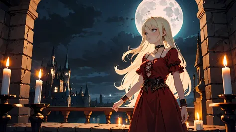 ((1girl)), long blonde hair, choker collar, bracelets, long red dress, standing, cowboy shot, gothic castle, night, nighttime, m...