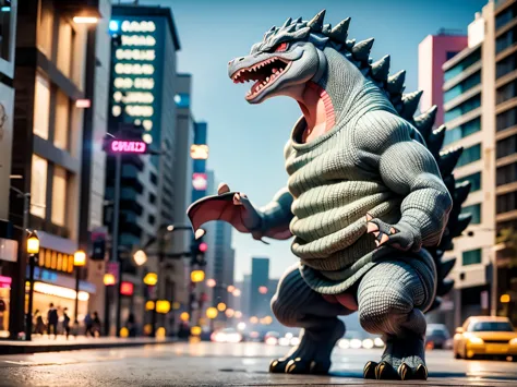 Godzilla walking through the city with a girl on board