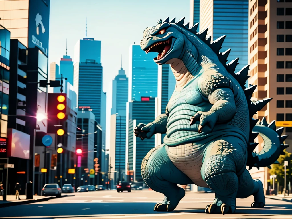 Godzilla walking through the city with a girl on board