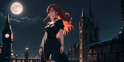 ((1girl)), long red hair, choker collar, bracelets, long black dress, standing, cowboy shot, gothic castle, night, nighttime, on...