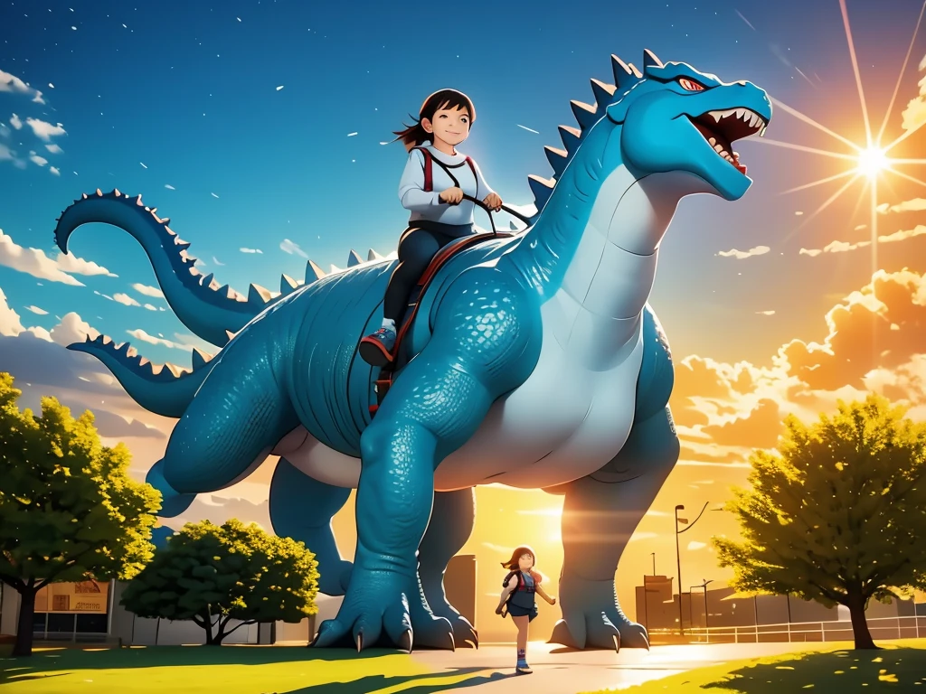 A girl riding Godzilla for a walk、city