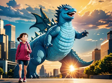 A girl riding Godzilla for a walk、city