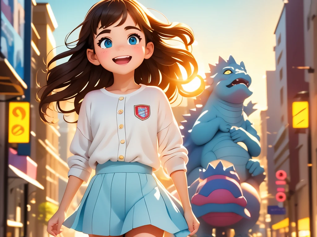 (best quality,4k,highres,masterpiece:1.2),ultra-detailed,realistic,photorealistic:1.37,portraits,fine art,crayon,impressionism,pastel,studio lighting,professional,sharp focus,HDR,UHD,physically-based rendering,vivid colors,bokeh,colorful lighting

A girl riding on Godzilla, walking through the streets. The girl's face is filled with excitement and joy as she holds onto Godzilla's scales tightly. The cityscape in the background is beautifully illuminated, with warm sunlight shining through the buildings. The girl's hair flows in the wind, with strands gently swaying as she rides on Godzilla's back. The streets are filled with people who are in awe of the magical sight they behold. The buildings are rendered in ultra-detailed fashion, showcasing intricate architectural designs and textures. The girl's clothes are vibrant and colorful, adding to the overall lively atmosphere of the scene. The artist uses a combination of impressionism and pastel techniques, creating a dreamlike environment. The lighting is carefully crafted to highlight the girl, Godzilla, and the city, with soft studio lighting creating a warm and inviting ambiance. The final artwork is a masterpiece, with high-resolution details that bring the scene to life.