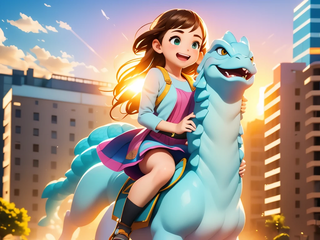 (best quality,4k,highres,masterpiece:1.2),ultra-detailed,realistic,photorealistic:1.37,portraits,fine art,crayon,impressionism,pastel,studio lighting,professional,sharp focus,HDR,UHD,physically-based rendering,vivid colors,bokeh,colorful lighting

A girl riding on Godzilla, walking through the streets. The girl's face is filled with excitement and joy as she holds onto Godzilla's scales tightly. The cityscape in the background is beautifully illuminated, with warm sunlight shining through the buildings. The girl's hair flows in the wind, with strands gently swaying as she rides on Godzilla's back. The streets are filled with people who are in awe of the magical sight they behold. The buildings are rendered in ultra-detailed fashion, showcasing intricate architectural designs and textures. The girl's clothes are vibrant and colorful, adding to the overall lively atmosphere of the scene. The artist uses a combination of impressionism and pastel techniques, creating a dreamlike environment. The lighting is carefully crafted to highlight the girl, Godzilla, and the city, with soft studio lighting creating a warm and inviting ambiance. The final artwork is a masterpiece, with high-resolution details that bring the scene to life.