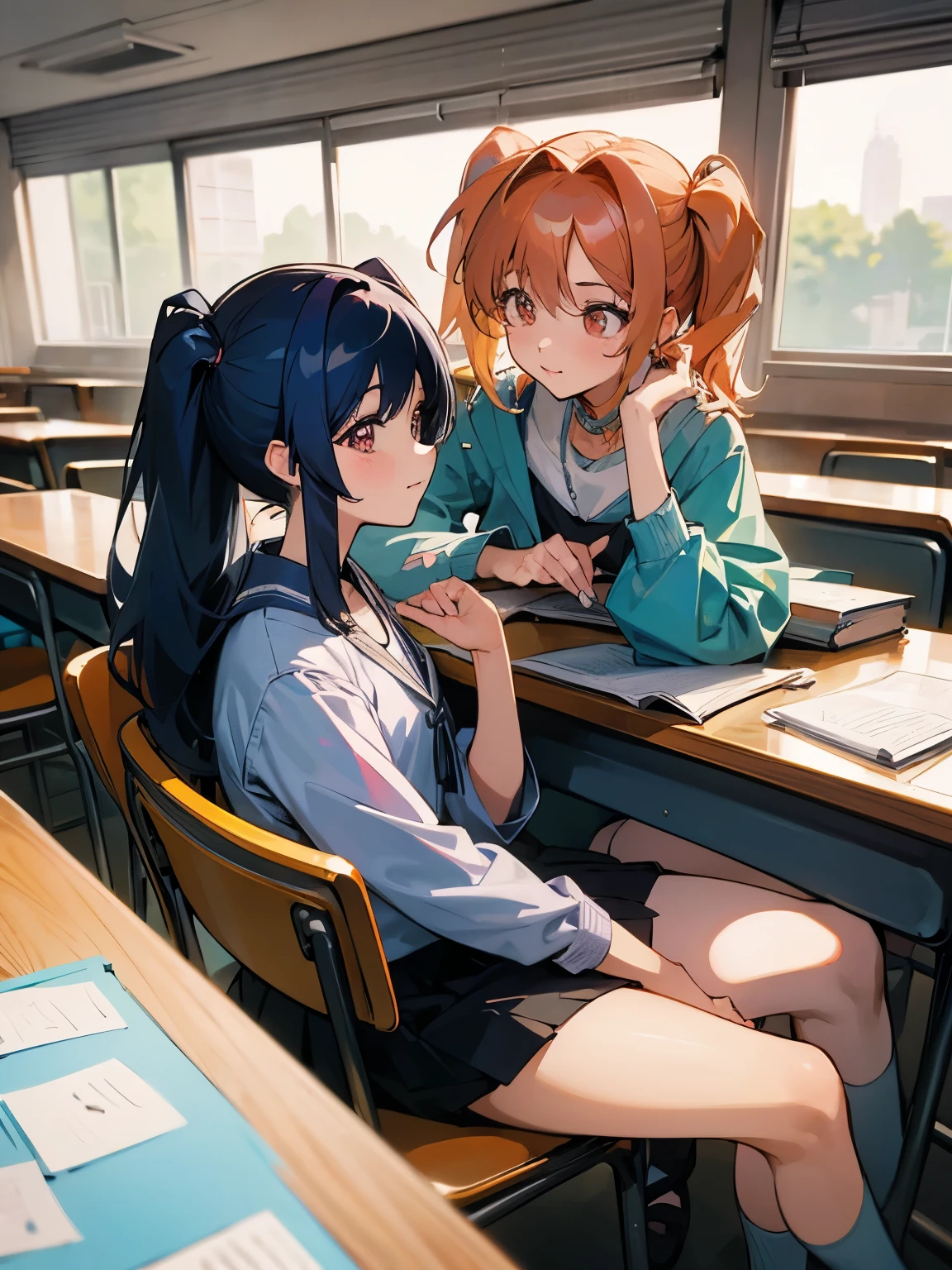 cartoon of two girls sitting at a table with a book and a backpack, an anime drawing by Naka Bokunen, tumblr, happening, ddlc, in the art style of 8 0 s anime, 9 0 s anime style, 90s anime style, in anime style, in an anime style, anime aesthetic, anime vibes, 9 0 s anime aesthetic, classic classroom with beautiful background window, beautiful girls sitting on his own desks, talking to each other, the first girl has golden hair, the second girl has black hair 