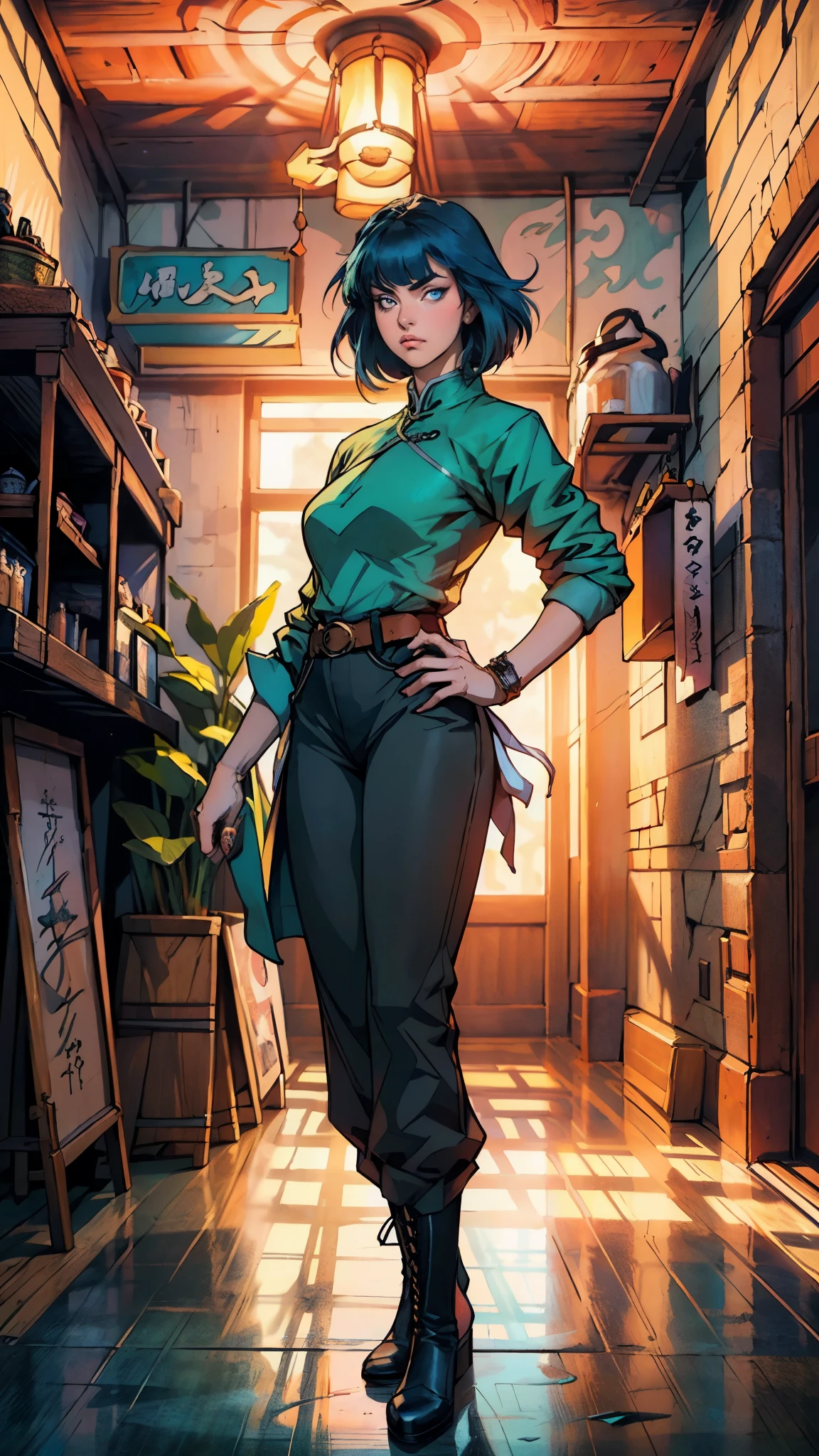 ((A young woman with flowing long dark blue hair, long side part bangs covering the right side of her face, sharp upward-arched thick eyebrows, large expressive eyes, a delicate oval face, a sensual wide mouth, a mocking expression, a fantasy martial arts-style emerald green short jacket with a blue undershirt, a high collar, rolled-up sleeves, matching fabric pants, a yellow waist belt, leather combat boots, one hand rests on her hip, surrounded by a cyan energy aura, standing in a fantasy style Chinese tavern)), this character embodies a finely crafted a fantasy martial arts heroine in anime style, exquisite and mature manga art style, pale skin, high definition, best quality, highres, ultra-detailed, ultra-fine painting, extremely delicate, professional, anatomically correct, symmetrical face, extremely detailed eyes and face, high quality eyes, creativity, RAW photo, UHD, 32k, Natural light, cinematic lighting, masterpiece-anatomy-perfect, masterpiece:1.5