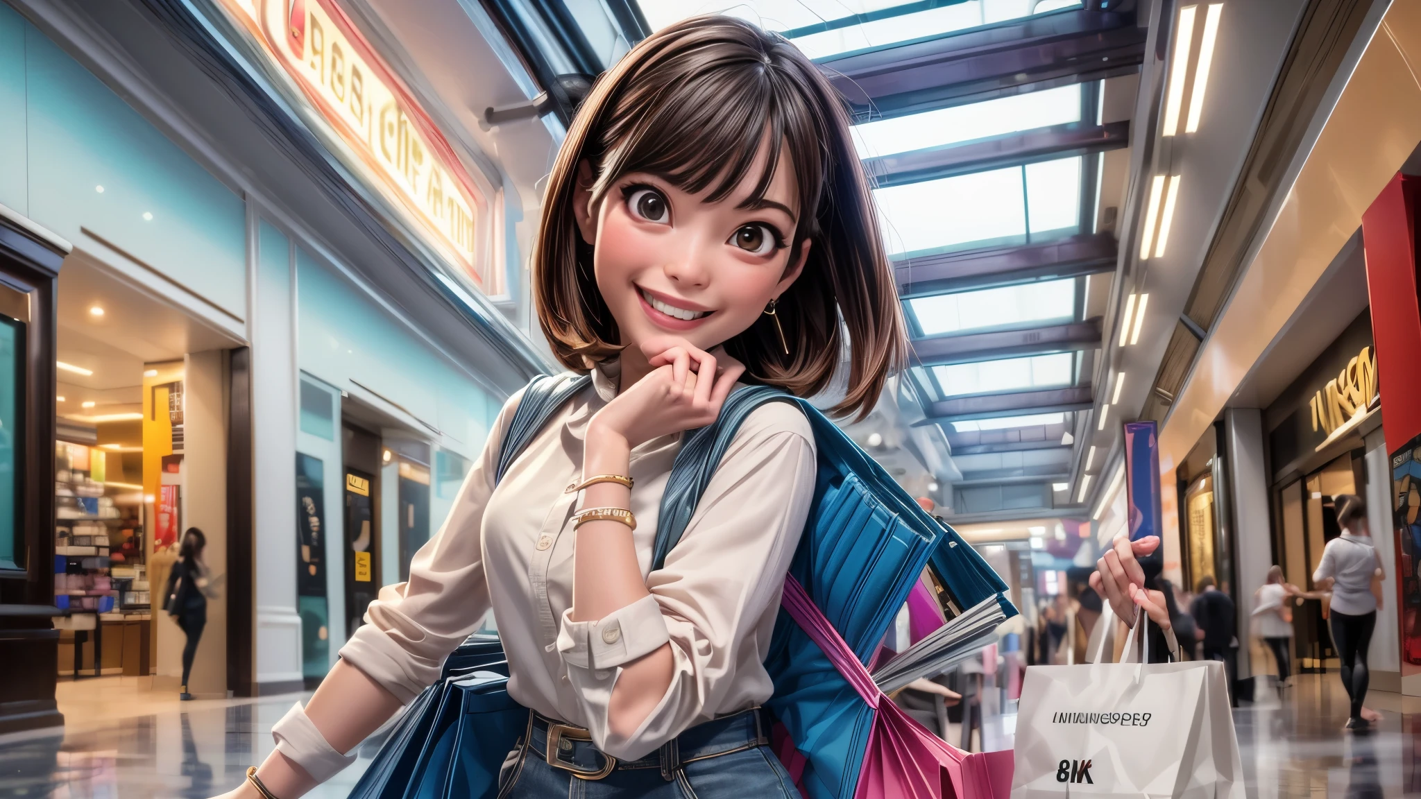 (mejor calidad,4k,8K,alta resolución,obra maestra:1.2),ultra-detalleed, Chica universitaria de compras en un centro comercial, pavoneándose con sus cosas, Sonriendo y riendo, Coqueteando con el espectador, hdr, 8K, absurdos, cinestill 800, enfoque nítido, agregar_detalle:3 (mujer sola) tenchan