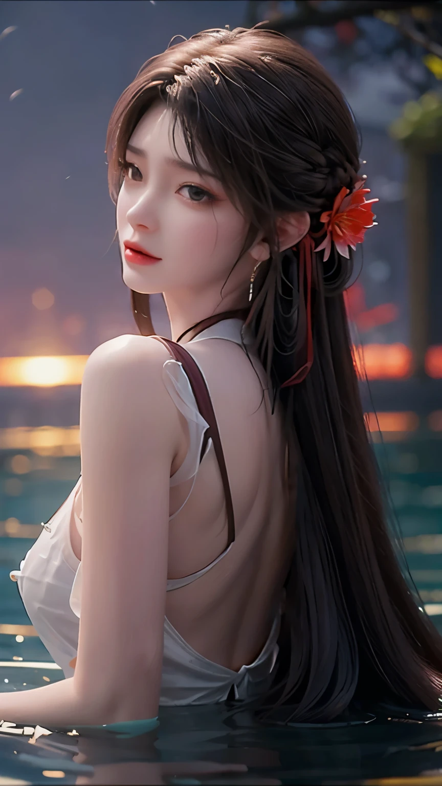 (front focus),(Night in the dark:1.6),Close-up of the face,a girl,Girl with long hair floating in water,photographic realism,dynamic lighting,art station,overall lighting,very detailed face,4K,1 girl,There is one at the beach,Kneel in the water,from behind(watching)watching lens,watching your,the sun is good,rainbow light,extremely shy。smiling,Bright smiley face,Have fun,Shadows with depth,low pitch,Cowherd shooting,black hair,nice hairstyle,Exquisite and beautiful face,Hands with beautiful earlobes,Thin fingers,The skin is super fine,huge nipples,brown eyes,Golden scale chart,Wearing transparent tulle,Clear public areas,Clear public areas are visible,wet legs,playing in water,low angle shot,Charming skin,There is also an unknown milk dripping on the face,charming smile