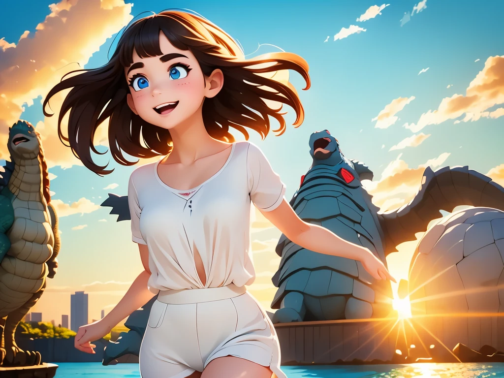 A girl dancing with Godzilla in a harbor.illustration,extremely detailed face and eyes,long eyelashes,best quality,4k,8k,highres,masterpiece:1.2,ultra-detailed,realistic:1.37,HDR,UHD,studio lighting,ultra-fine painting,vivid colors,portraits,landscape,colorful,soft lighting